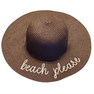 Oversized Floppy "Beach Please" Rafia Straw Sun Hat Wide Brim In Black One Size